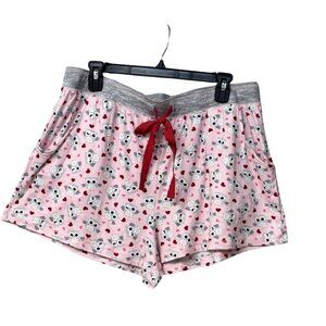 Pink Owl Print Womens Pajama Shorts With Grey Waistband & Red Bow, Sz. XL